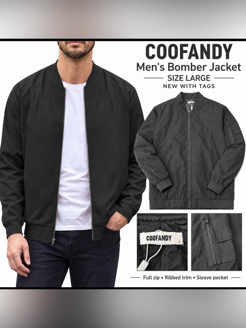 COOFANDY Men’s Black Full Zip Bomber Jacket Size Large NWT